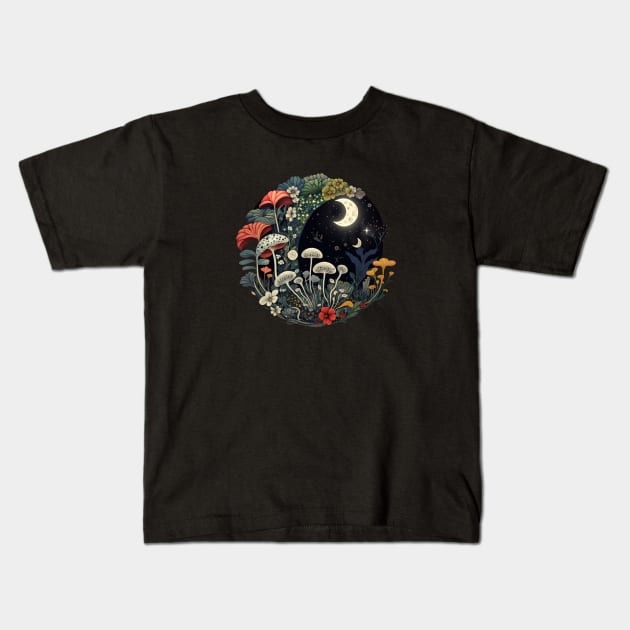 Moonflower Mushrooms Kids T-Shirt by ArtThrob Designs